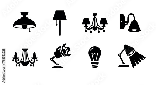 Black silhouettes of various lighting fixtures, including chandeliers, floor lamp, wall sconce, spotlight, and table lamp with a bulb illustration.