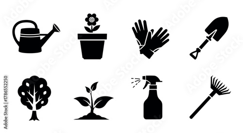 Black silhouette icons of gardening tools and plants including a watering can, potted flower, gloves, shovel, tree, sprout, spray bottle, and rake.