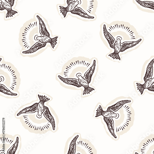 Christian holy dove hand drawn seamless vector pattern. Religious home decor background for sunday school bible study motif. Reflection candle symbol all over print. 