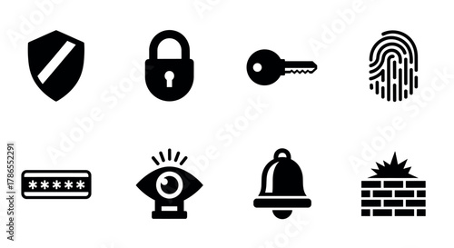 Set of eight black security icons including shield, padlock, key, fingerprint, password, eye with surveillance, alert bell, and firewall symbol.