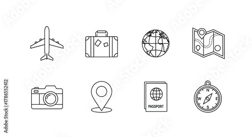 Black outline icons of travel essentials including an airplane, suitcase, globe, map, camera, location pin, passport, and compass arranged in a grid.
