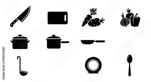 Black silhouette icons of various kitchen utensils including a knife, cutting board, carrots, vegetables, pots, pan, ladle, plate, and spoon.