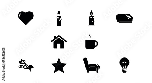 Set of black silhouette icons depicting various household and leisure items, including a heart, candle, home, coffee mug, book, rose, star, chair, and light bulb.