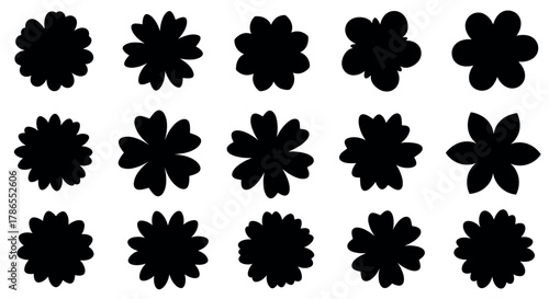 Various black silhouette floral shapes arranged in a grid, featuring diverse petal formations and symmetrical designs.