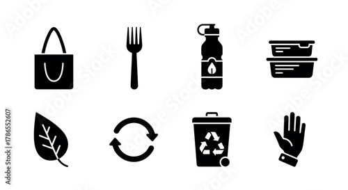 Black silhouette icons including a reusable shopping bag, fork, water bottle, stackable containers, leaf, recycling symbol, waste bin, and raised hand.