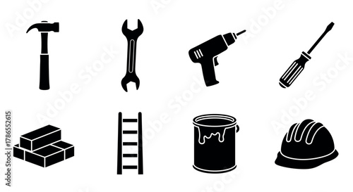 Black silhouette icons of construction tools including a hammer, wrench, drill, screwdriver, bricks, ladder, paint can, and hard hat.