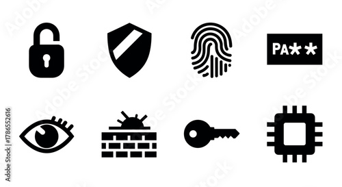Eight black security icons including a padlock, shield, fingerprint, password, eye, firewall, key, and microchip, representing various security concepts.