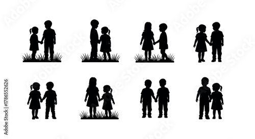 Black silhouette illustrations of young caucasian children holding hands in various outdoor poses, showcasing friendship and connection.