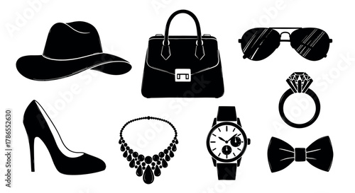 Black silhouette icons of various fashion accessories including a hat, handbag, sunglasses, ring, high heel shoe, necklace, watch, and bow tie.
