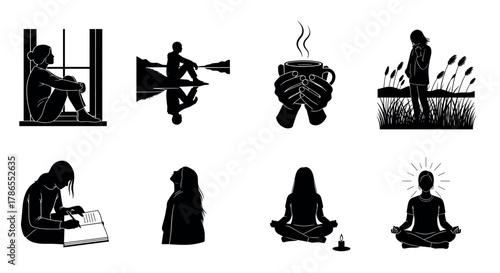 A series of black silhouette illustrations showing a woman in various meditative and contemplative poses, including yoga, meditation, and relaxation activities.