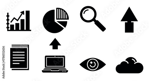 A collection of eight black icons depicting various business and technology concepts, including charts, graphs, a magnifying glass, upload arrows, a document, a laptop, an eye, and a cloud.