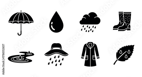 Black silhouette icons representing various rainy weather items including an umbrella, raindrop, cloud with rain, rubber boots, puddle, rain hat, raincoat, and leaf with water droplets.