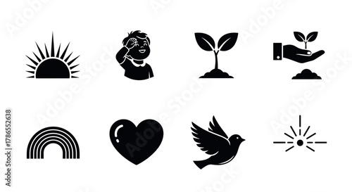 Eight black silhouette icons depicting a sun, child saluting, sprouting plants, a hand holding a sprout, a rainbow, a heart, a bird, and a stylized sunburst.