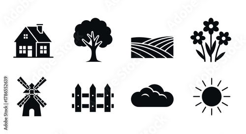 Simple black icons representing a house, tree, farmland, flowers, windmill, fence, cloud, and sun in a minimalistic style.
