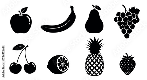 Black silhouette icons of various fruits including apple, banana, pear, grapes, cherries, lemon, pineapple, and strawberry.