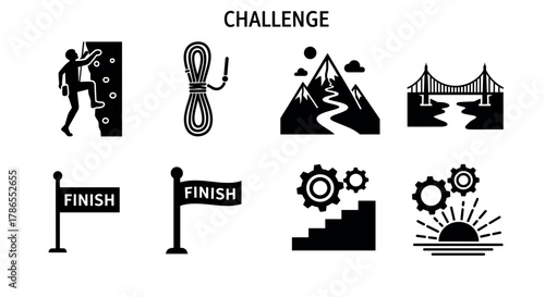Black icons representing various challenges, including mountain climbing, hiking trails, and finish lines, symbolizing adventure and achievement.