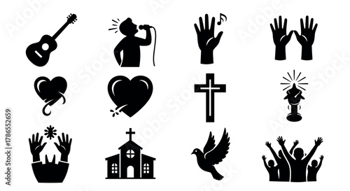 Black silhouette icons depicting guitar, singer with microphone, expressive hands, love hearts, christian cross, church, dove, and group celebration figures.