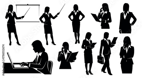 Silhouette illustrations of professional women in business attire engaging in various office activities such as presenting, working on laptops, and reading documents.