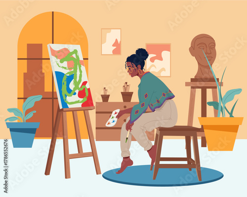 A female artist paints abstract art on a canvas in her studio. This flat vector illustration highlights women's creativity and empowerment in the arts