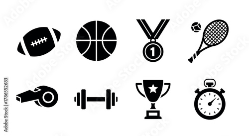 Black icon set depicting football, basketball, medal, racket and ball, whistle, dumbbell, trophy, and stopwatch, symbolizing various sports elements.