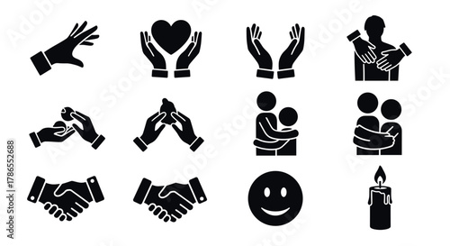 Black silhouette icons depicting various hand gestures and symbols of care, including holding a heart, hugging, handshakes, a smiling face, and a candle.