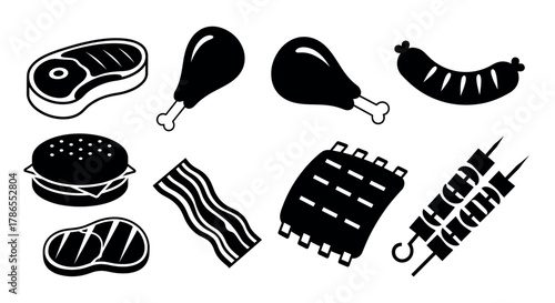 Black silhouette icons of various meat cuts including steak, drumstick, sausage, burger, bacon, ribs, and skewers, representing diverse grilling options.