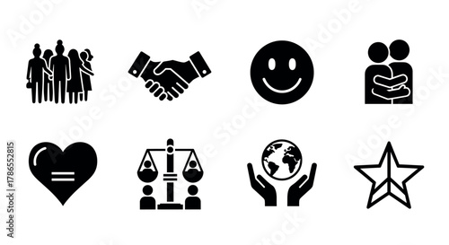 Set of eight black silhouette icons representing various concepts including family, handshake, smiley face, embrace, heart, scales of justice, globe in hands, and star.
