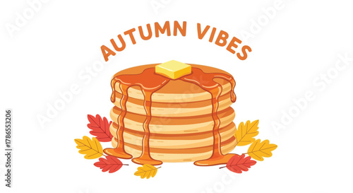 Cozy autumn vibes stack of pancakes drizzled with syrup and butter surrounded by fall leaves