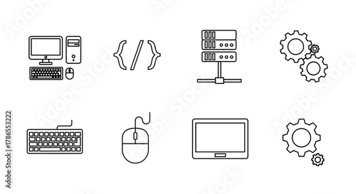 Black outline icons depicting computer technology, including a desktop, code brackets, server, keyboard, mouse, monitor, and gears, representing various it concepts.