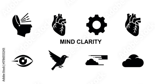 A collection of black silhouette icons featuring a head with rays, anatomical heart, cogwheel, eye, bird, cloud with horizontal lines, solid cloud, and the text "mind clarity.