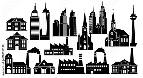 Black silhouettes of various buildings, including churches, factories, and skyscrapers, showcasing distinct architectural styles.