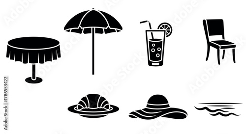 Black silhouette icons of a round table with a tablecloth, a beach umbrella, a drink with a slice of lemon, a chair, a seashell, a sun hat, and stylized ocean waves.