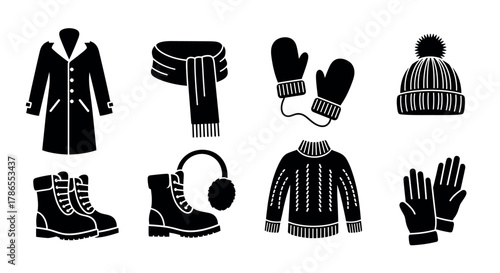 Black silhouette icons of various winter clothing items, including a coat, scarf, mittens, beanie, boots, earmuffs, sweater, and gloves.