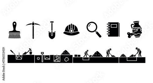 Black silhouette icons depicting various archeology tools and activities, including a brush, pickaxe, shovel, hard hat, magnifying glass, notebook, and ancient pottery.