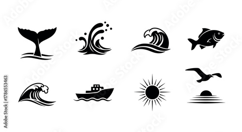 Black silhouette icons of marine themes, including a whale tail, ocean waves, a fish, a seagull, a ship, a sun, and a sunset.