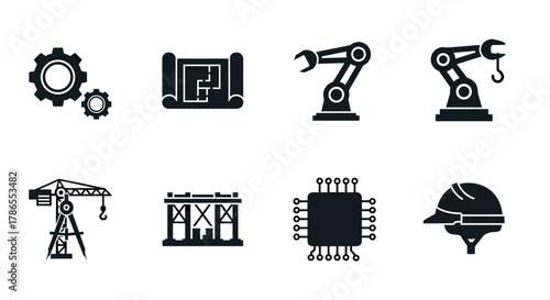 Set of eight black engineering and technology icons featuring gears, blueprints, robotic arms, crane, scaffolding, microchip, and a safety helmet.