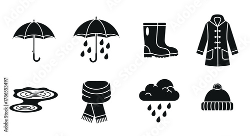 Black silhouettes of winter clothing and weather-related items, including umbrellas, rain boots, a coat, puddle, scarf, rain cloud, and knitted hat.