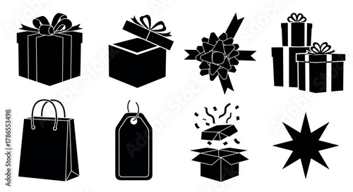 Black silhouettes of various gift-related items including wrapped presents, a bow, shopping bag, price tag, and an exploding gift box, each with distinct shapes.