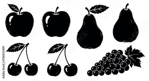 Black silhouette icons of various fruits including apples, pears, cherries, and a bunch of grapes, each depicted with leafy accents.