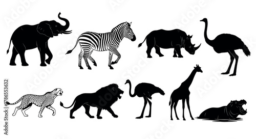 Silhouettes of various wild animals, including an elephant, zebra, rhinoceros, ostrich, cheetah, lion, giraffe, and hippopotamus, depicted in black.