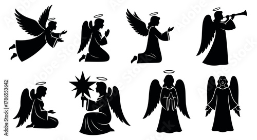 Silhouette icons of angels in various poses, including praying, playing a trumpet, and holding a star, each adorned with halos and wings.