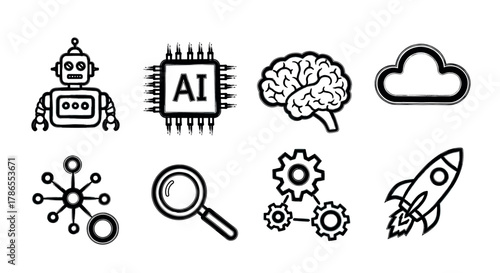 Black outline icon set depicting a robot, ai chip, brain, cloud, network, magnifying glass, gears, and rocket, each representing technology and innovation concepts.