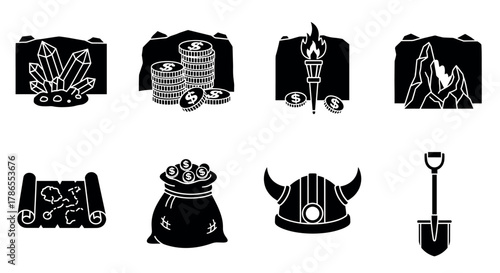 Set of black silhouette icons featuring gemstones, coins, a torch with coins, a treasure chest, a map, a money bag, a viking helmet, and a shovel.