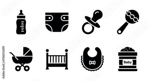Black and white icons of essential baby items including a bottle, diaper, pacifier, rattle, stroller, crib, bib, and baby food container.