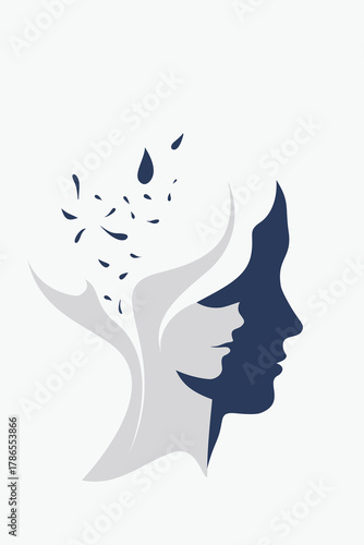 Minimalist abstract illustration of two overlapping female faces with flowing shapes and leaves, symbolizing psychology, duality, self-awareness, and emotional balance.