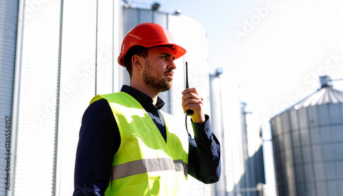 Industrial safety worker wearing helmet and vest using walkie talkie in outdoor factory environment