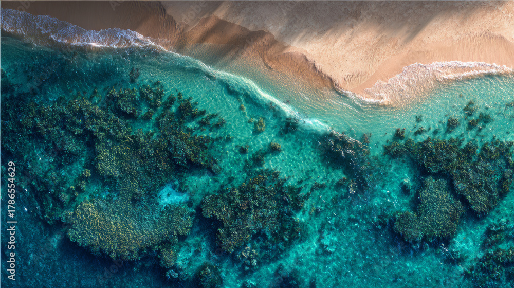 Obraz premium Aerial view showing coral reef and sandy beach