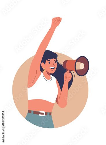 Woman activist protesting shouting megaphone