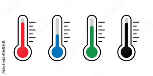 Four Thermometer Icons with Red Blue Green and Black Liquid Isolated On Transparent Background