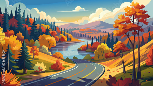 Very beautiful view of a winding road surrounded by vibrant autumn foliage near Caribou Lake, northern Minnesota, USA, featuring colorful trees, scenic landscape, and a realistic serene fall atmospher